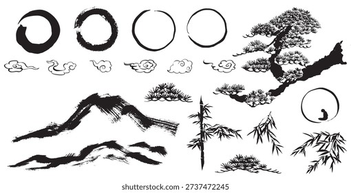 vector illustration of bamboo leaves branch, bonsai tree abstract mountain, cloud and enso circle elements with chinese painting in traditional style.