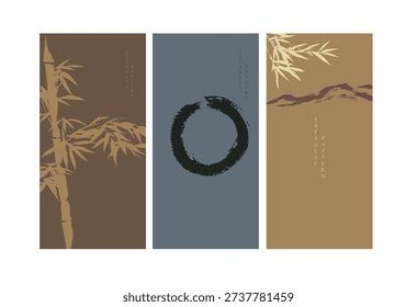 vector illustration of bamboo leaves branch, abstract mountain and enso circle background with Chinese painting in traditional style.