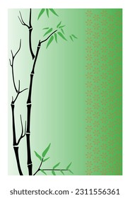 ilustración vectorial de bambú y hojas con fondo degradado verde y patrón rojo