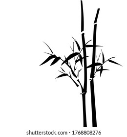 Vector illustration of bamboo leaves and shoots on right side of image in black isolated on white background with space for runaround or wraparound text on left side