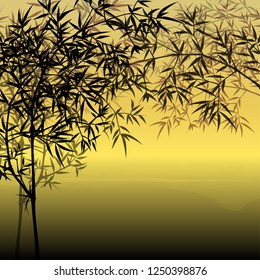 Vector illustration of bamboo on sky, design of Chinese and Japanese bamboo trees, stems and leaves. colorful trees background