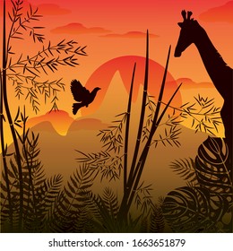 
Vector illustration of bamboo illustration, with a sunset view of a fisherman