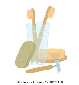 Vector illustration of bamboo toothbrushes, brash, safety razor, soap.