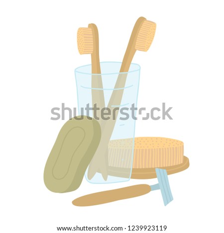 Vector illustration of bamboo toothbrushes, brash, safety razor, soap.