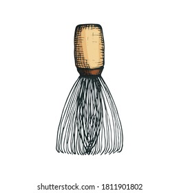 Vector illustration with bamboo whisk for making matcha green tea in freehand drawing style color. Icon or for packaging design