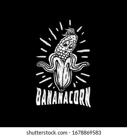 Vector illustration of banana and corn, isolated on black background