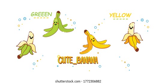 vector illustration of a banana. Cute bananas with emoticons. Set of banana cartoon images: peel and peel bananas on the ground. Vector clip art of illustration collection.  green and yellow banana's