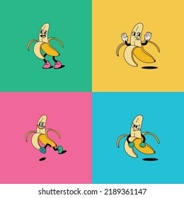 Vector illustration of banana fruit cartoon character in a variety of unique styles perfect for stickers, icons, logos and advertisements