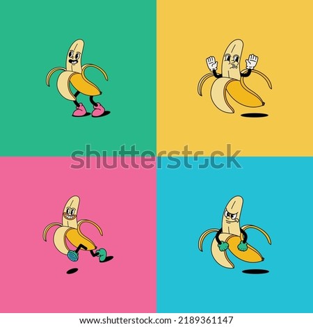 Vector illustration of banana fruit cartoon character in a variety of unique styles perfect for stickers, icons, logos and advertisements