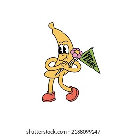 Vector Illustration Banana Fruit Character With Happy Face ìn Retro Style. Groovy Sticker With Banana And Typography Phrase Vegan For Print