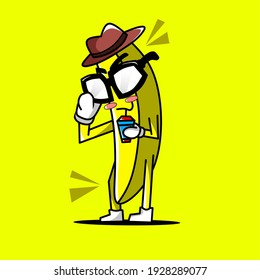 Vector illustration of banana with glasses drinking juice