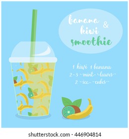Vector illustration of Banana and Kiwi Smoothie recipe with ingredients. Template for restaurant or cafe menu. Smoothie recipe,Smoothie glass,Smoothie vector,Smoothie fruit,Smoothie breakfast