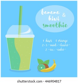 Vector illustration of Banana and Kiwi Smoothie recipe with ingredients. Template for restaurant or cafe menu. Smoothie recipe,Smoothie glass,Smoothie vector,Smoothie fruit,Smoothie breakfast