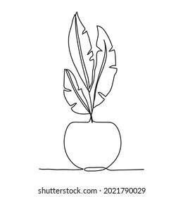 Vector illustration of banana leaves in vase. Modern one line art. Can be use as home decor such as posters, wallpapers, tattoo, tee-shirt print or embroidery and as social media design