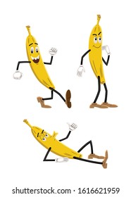 Vector illustration of a banana like a cartoon character, with an expressive face, arms, legs and in three different poses: walking, thinking and lying in a seduction attitude.