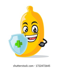 vector illustration of banana mascot or character holding shield for protection
