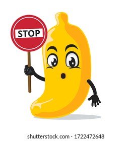 vector illustration of banana mascot or character holding sign says stop