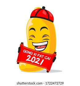vector illustration of banana mascot or character holding red scroll and says happy chinese new year 2021