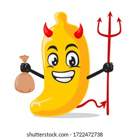 vector illustration of banana mascot or character wearing devil costume and holding trident