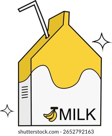 Ilustração vetorial de uma caixa de leite de banana com uma caixa de leite amarela e branca apresenta ícone de banana e uma palha na moda
