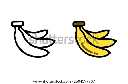 A vector illustration of a banana in outlined and colored styles, isolated on a white background. Ideal for food, nutrition, grocery, tropical fruits, and healthy eating designs.