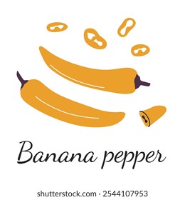 Vector illustration of banana pepper in flat cartoon style, whole and sliced pieces. Yellow pepper graphic, ideal for food, culinary, and spice themes. Perfect for healthy cooking visual