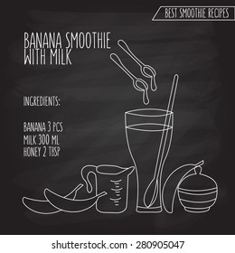 vector illustration of banana smoothie with milk recipe hand drawn in flat linear design style on blackboard background