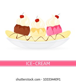 Vector illustration of banana split isolated on white background. Ice cream dessert with whipped cream, syrup and cherry.