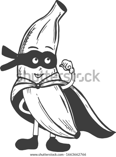 バナナスーパーヒーローキャラクターのベクターイラスト アイマスクを着た脚 クローク 手を持つ強いサインを持つ身振りをした かわいい熱帯のフルーツ ビンテージ手描きのスタイル のベクター画像素材 ロイヤリティフリー