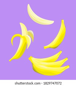 ilustración vectorial de los plátanos en un racimo de plátano plano, banano pelado, conjunto vectorial de plátanos exóticos, plátano 1 pieza