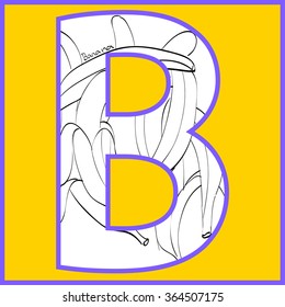 Vector illustration of bananas  inside of letter B. Limited colors graphic. Hand drawing.