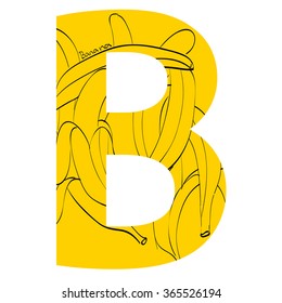 Vector illustration of bananas  inside of letter B. Limited colors graphic. Hand drawing.