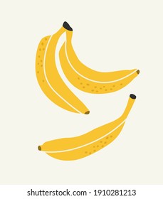 Vector illustration of bananas, on a beige background. Hand-drawn fruits in bright colors. Suitable for illustrating healthy eating, recipes, local farm. Card with bananas.