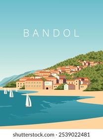 Vector illustration. Bandol France. Travel poster, banner, postcard, cover. Modern design. Nature, city. tourism, travel.