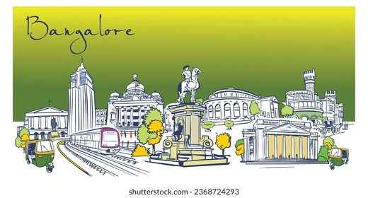 A vector illustration of Bangalore city, featuring a concept of business travel and tourism with historic buildings vector line art illustration