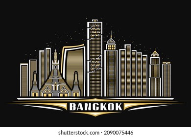 Vector illustration of Bangkok, dark horizontal poster with linear design famous bangkok city scape on dusk sky background, asian urban line art concept with decorative letters for white word bangkok
