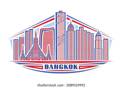 Vector illustration of Bangkok, horizontal logo with linear design famous bangkok city scape on day sky background, asian urban line art concept with decorative letters for blue word bangkok on white