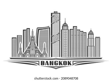Vector illustration of Bangkok, monochrome horizontal poster with linear design famous bangkok city scape, urban line art concept with decorative lettering for black word bangkok on white background