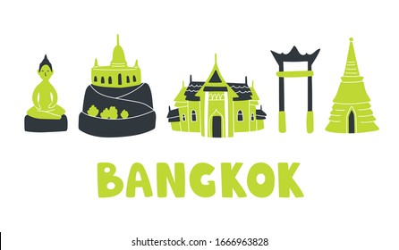 Vector illustration of Bangkok skyline. Swing, palace, golden mount, buddha and stupa. Artwork for touristic promotion, concept, posters, t-shirt, blog on white background in doodle style
