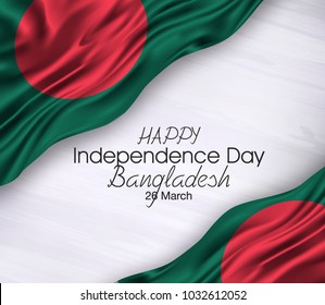 Vector illustration of Bangladesh Happy Independence Day 26 Februay. Waving flags isolated on gray background.