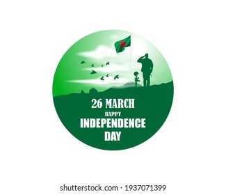 Vector illustration for Bangladesh happy independence day, national day, soldiers, flag hoisting, pigeon, mountain on abstract background with patriotic color theme.