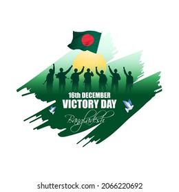 Vector illustration for Bangladesh victory day, national day, soldiers, flag hoisting, pigeon, mountain on abstract background with patriotic color theme.