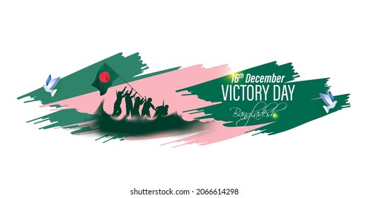 Vector illustration for Bangladesh victory day, national day, soldiers, flag hoisting, pigeon, mountain on abstract background with patriotic color theme.