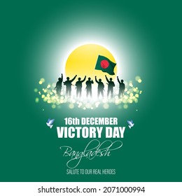 Vector illustration for Bangladesh victory day, national day, soldiers, flag hoisting, pigeon, mountain on abstract background with patriotic color theme.