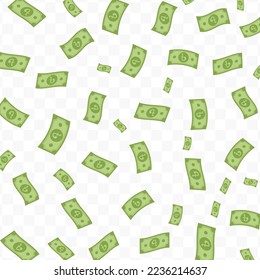 Vector illustration of Bangladeshi taka currency. Flying green banknotes on a transparent background (PNG).