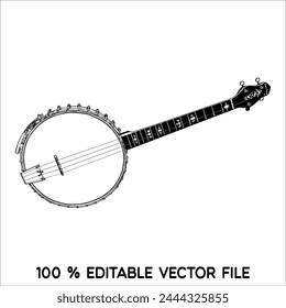 Vector illustration of banjo isolated on a white background. Black and white Banjo, musical instrument in flat style.