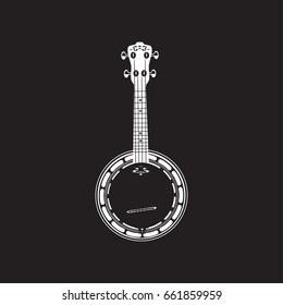 Vector illustration of banjo white template on black background. Flat style design musical instrument.