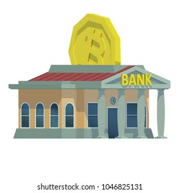 Vector illustration. Bank building. Gold coin. Money box