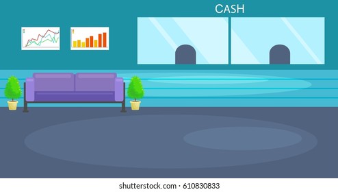 Vector illustration of  Bank building interior, counter desk, cashier, consulting, money currency exchange, financial services,  Banking concept vector illustration. Bank interior