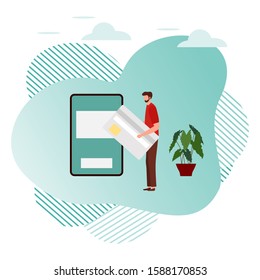 Vector illustration Bank card, People performs banking transactions using a smartphone. Financial transactions, money transfer. Electronic, digital technology.Design for landing page, print, website